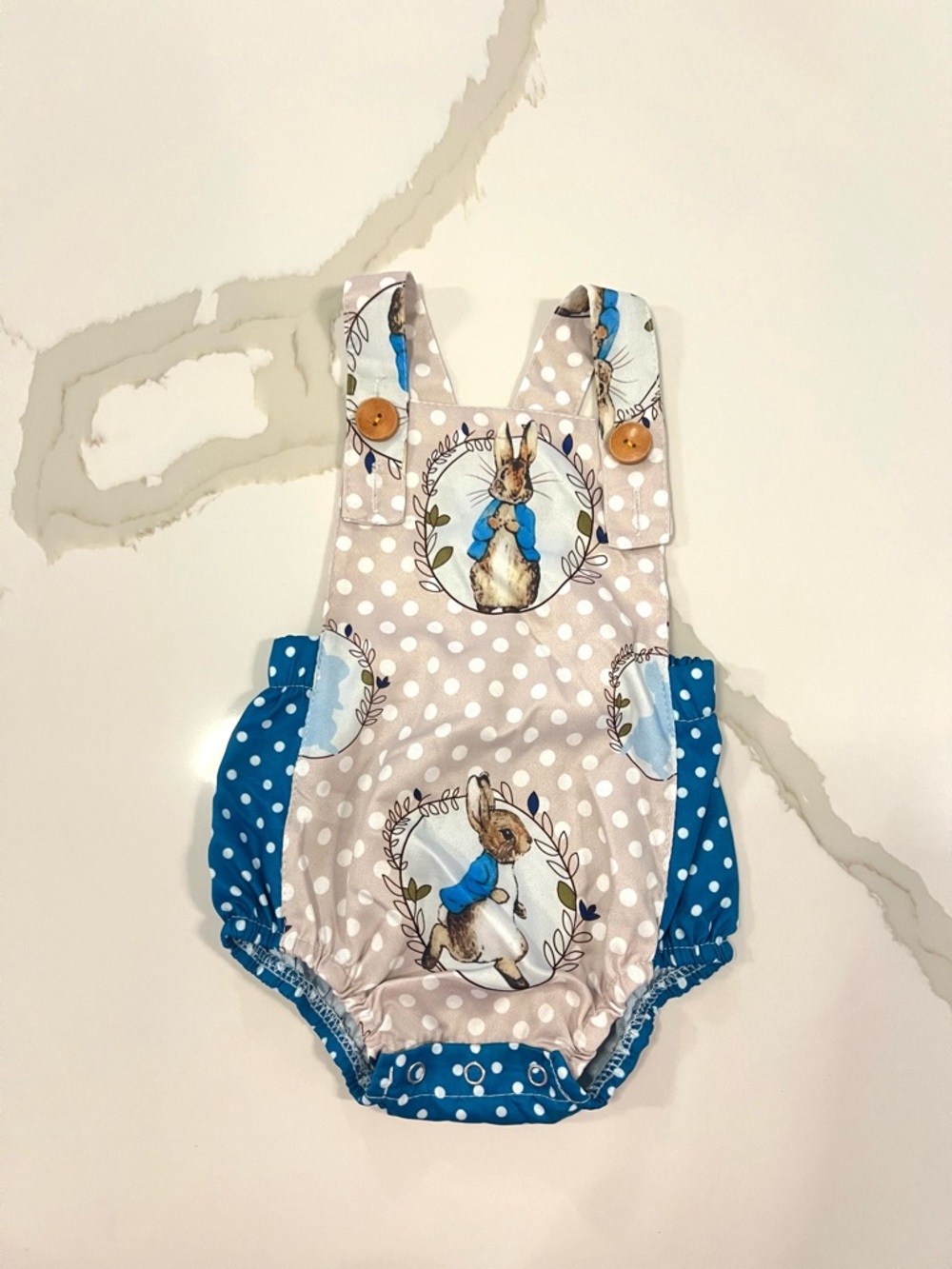 Peter Rabbit Inspired Baby Bubble Romper Size 3-6M Blue Polka Dot Outfit